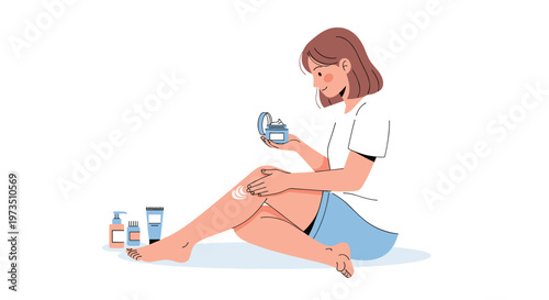 A serene young woman with short brown hair meticulously applies hydrating white cream to her bare leg while sitting comfortably on a clean white surface.
