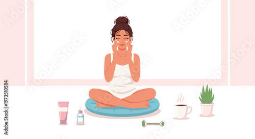 A graceful woman with dark hair in a bun performs a mindful facial skincare routine while sitting cross-legged on a soft teal circular cushion indoors.