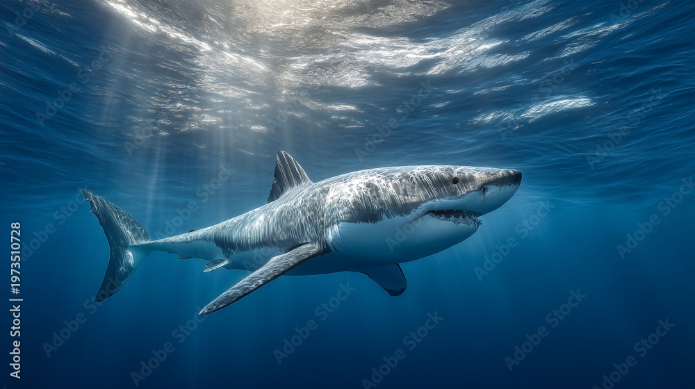 Fototapeta premium Powerful great white shark swimming through sunlit ocean waters.