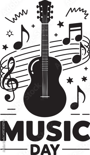 Black acoustic guitar with musical notes and text instrument
