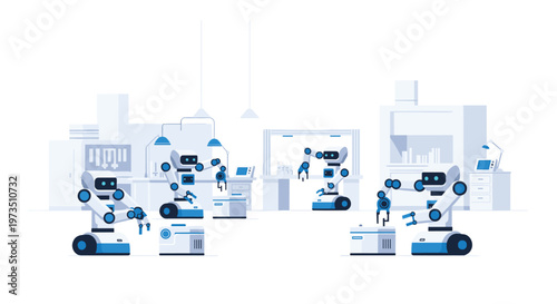 Several sophisticated white and blue robots engage in diverse technical tasks within a spacious and modern laboratory setting featuring clean workstations.