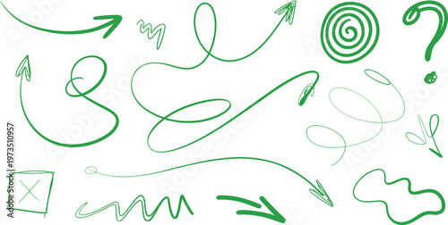 Collection of green hand drawn arrows question mark spiral and doodle shapes