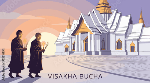 Visakha Bucha Vector Monks Procession Flat Design Graphic
