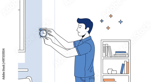 Man setting alarm clock in bedroom, morning routine, time management concept