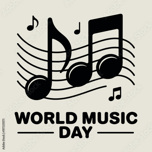 Black musical notes on beige background with world music day text