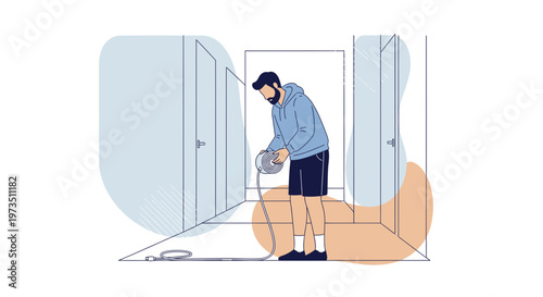 Man setting up a projector screen in a modern room, abstract shapes, minimalist design