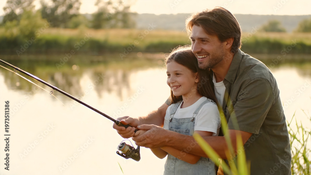 Fototapeta premium father and daughter fishing by lake