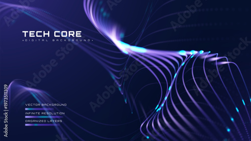 Abstract blue background with digital data wave flow. Purple neon line glow displaying futuristic ai brain concept.