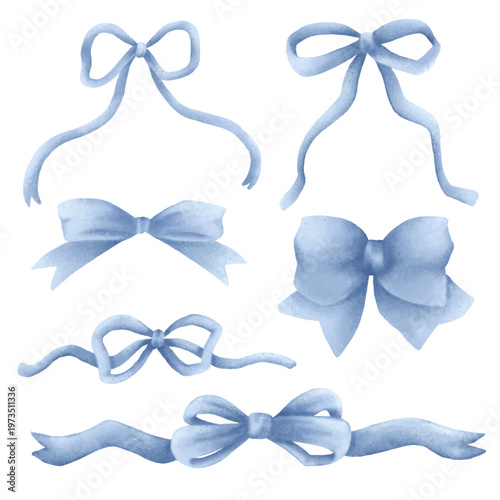 Pale blue watercolor bow ribbon collection set.eps