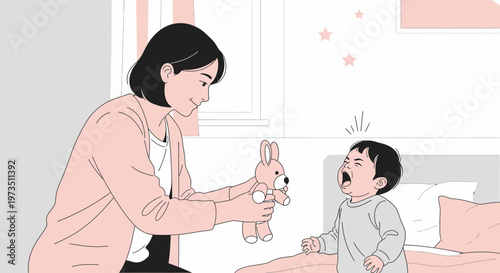 Mother comforting crying baby with a stuffed bunny toy in nursery room