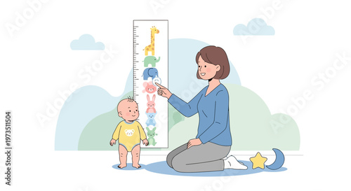 Mother measuring baby's height with a cute animal growth chart, childhood development concept