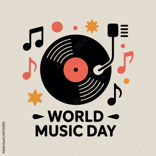 Black vinyl record with musical notes and text world