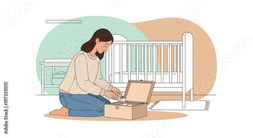 Mother packing baby clothes in a box near a crib, preparing for a move or storage