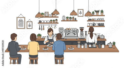 Three customers sit on wooden stools at a long coffee bar counter while a skilled barista prepares fresh beverages amidst professional espresso equipment.