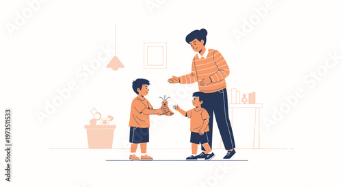 Mother playing with two sons, sharing toys, happy family bonding, indoor scene