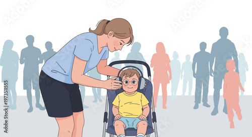 Mother protects baby's hearing with headphones in stroller amidst crowd