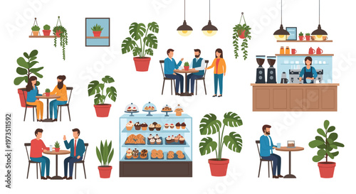 Diverse customers enjoy coffee and pastries in a brightly lit modern cafe filled with lush green monstera plants and stylish wooden furniture accents.