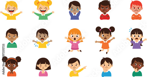 Children’s Emotional Expression Set Featuring 16 Different Illustrations of Happy, Sad, Angry, and Crying Faces for Educational and Psychological Designs