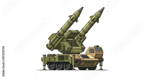 This powerful military surface to air missile launcher vehicle features two large olive green projectiles raised at a steep angle for tactical deployment.