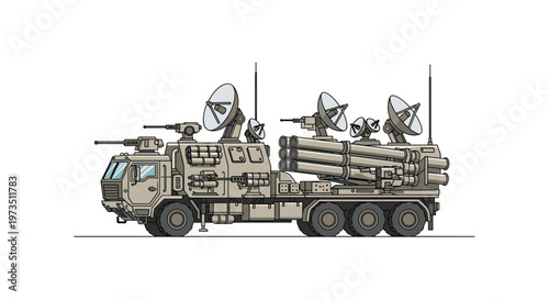 A detailed tan military mobile defense vehicle equipped with multiple rotating radar dishes and cylindrical missile launch tubes sits on a plain white surface.
