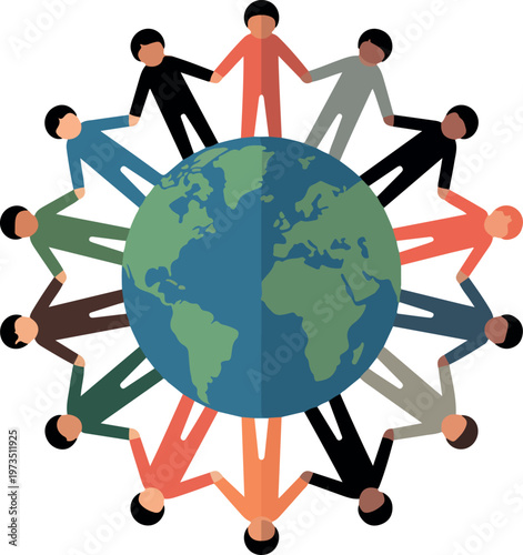 Diverse people holding hands around a stylized globe