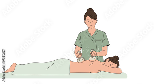 A professional female therapist in sage green scrubs meticulously applies steaming white herbal compresses to the bare back of a relaxed woman lying down.