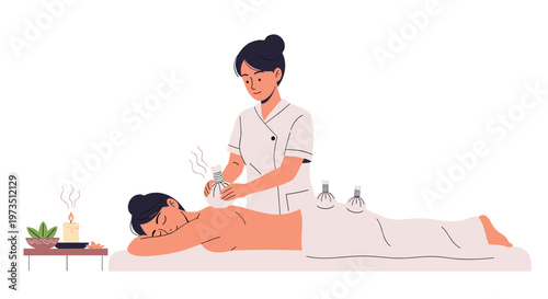 An expert spa practitioner wearing a crisp white uniform gently presses heated herbal pouches onto a woman's back beside a flickering aromatic candle flame.