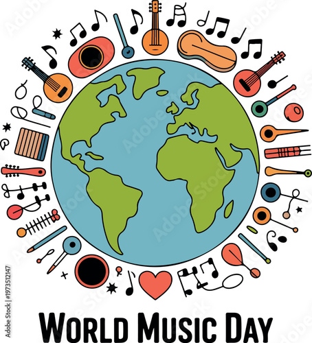 Earth surrounded by musical instruments and notes globe 1