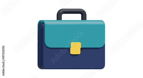 A structured and professional navy blue briefcase with a contrasting teal top flap and a prominent yellow square clasp is depicted in a clean minimalist style.