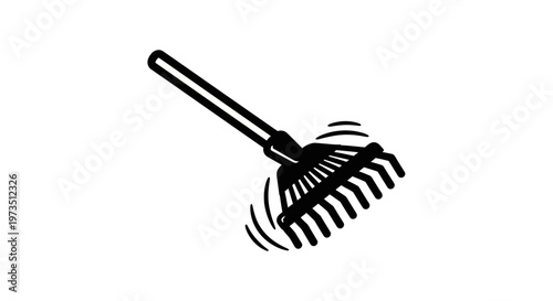 A black and white illustration of a handheld rake with curved tines and a long handle, appearing to be used for gardening or yard work in a simple drawing style