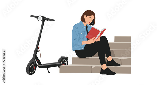 A focused young woman in a casual denim jacket sits on grey concrete steps while reading a red book next to her parked black electric kick scooter.