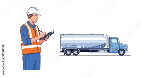 A professional safety inspector wearing a bright orange reflective vest and white hard hat meticulously records data on a clipboard beside a blue fuel tanker.