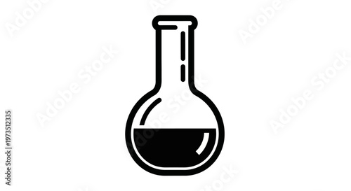 A simple illustration of a laboratory flask filled with a dark liquid in a minimalistic black and white line art style perfect for scientific publications and educational materials