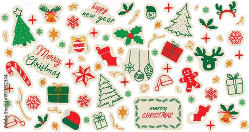 Christmas scrapbook sticker. Xmas doodle crayon scribble shape. Doodle scrapbook torn paper nubs ornament.