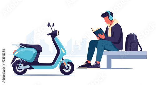 A young man wearing headphones sits on a modern bench reading a book next to a stylish light blue scooter against a faint city skyline urban backdrop.