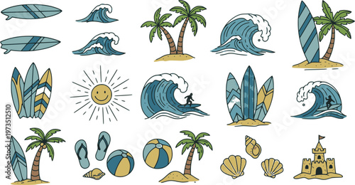 A tropical beach and surf-themed vector set with palm trees, waves, surfboards, a van, flamingos, and ocean elements with quotes, in a bold graphic style. Perfect for t-shirt prints, posters, stickers