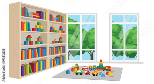 Bright and airy children's playroom featuring tall wooden bookshelves filled with colorful books and toy blocks situated next to large sunlit windows.