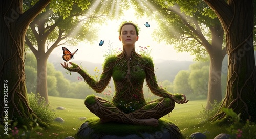 A serene person meditating in a lush forest with gentle butterflies surrounding their presence
