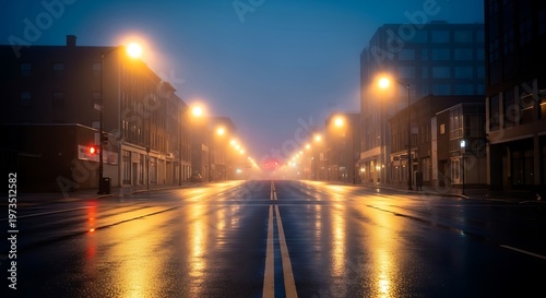 Nighttime City Street Illuminated by Streetlights and Reflections.