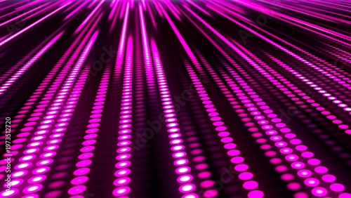 Rows of glowing dots rush forward, creating a fiery stream of light and speed. Warm shades of pink and purple create a sense of energy, movement, and technological progress.