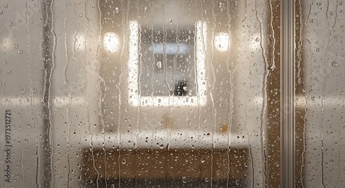 Raindrops on Shower Glass with Blurred Bathroom Interior View, Water Streaks
