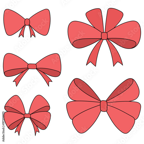 Hand-drawn cartoon set of red tied bows on a white background.
