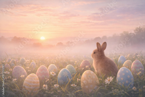 Easter Morning Bunny Among Painted Eggs
