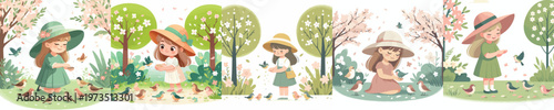 vector of a happy little girl feeding birds in the park