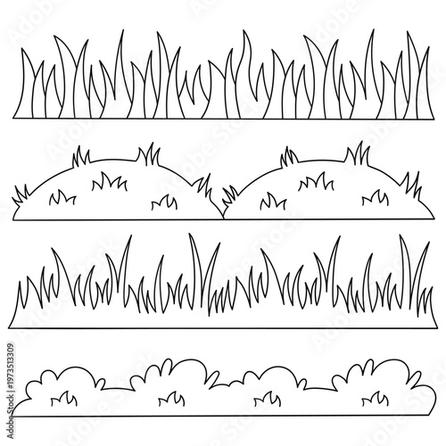 Hand-drawn doodle set of grass on a white background.