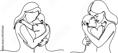 Mother and child silhouette embracing inside a heart with floral elements