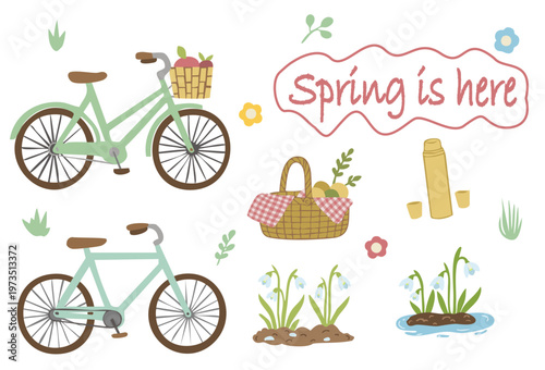 Spring picnic vector collection with bicycles, flower basket and snowdrops.