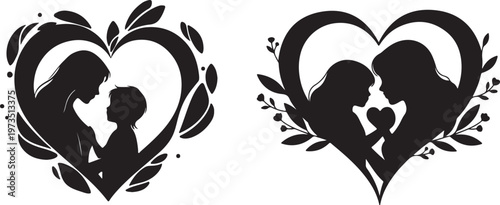 Parent and child silhouettes looking at each other inside a heart shape with leaves