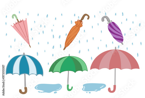Spring and autumn rainy day vector set with colorful umbrellas and puddles.