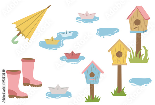 Spring outdoor activities vector set with paper boats, birdhouses and rain boots.